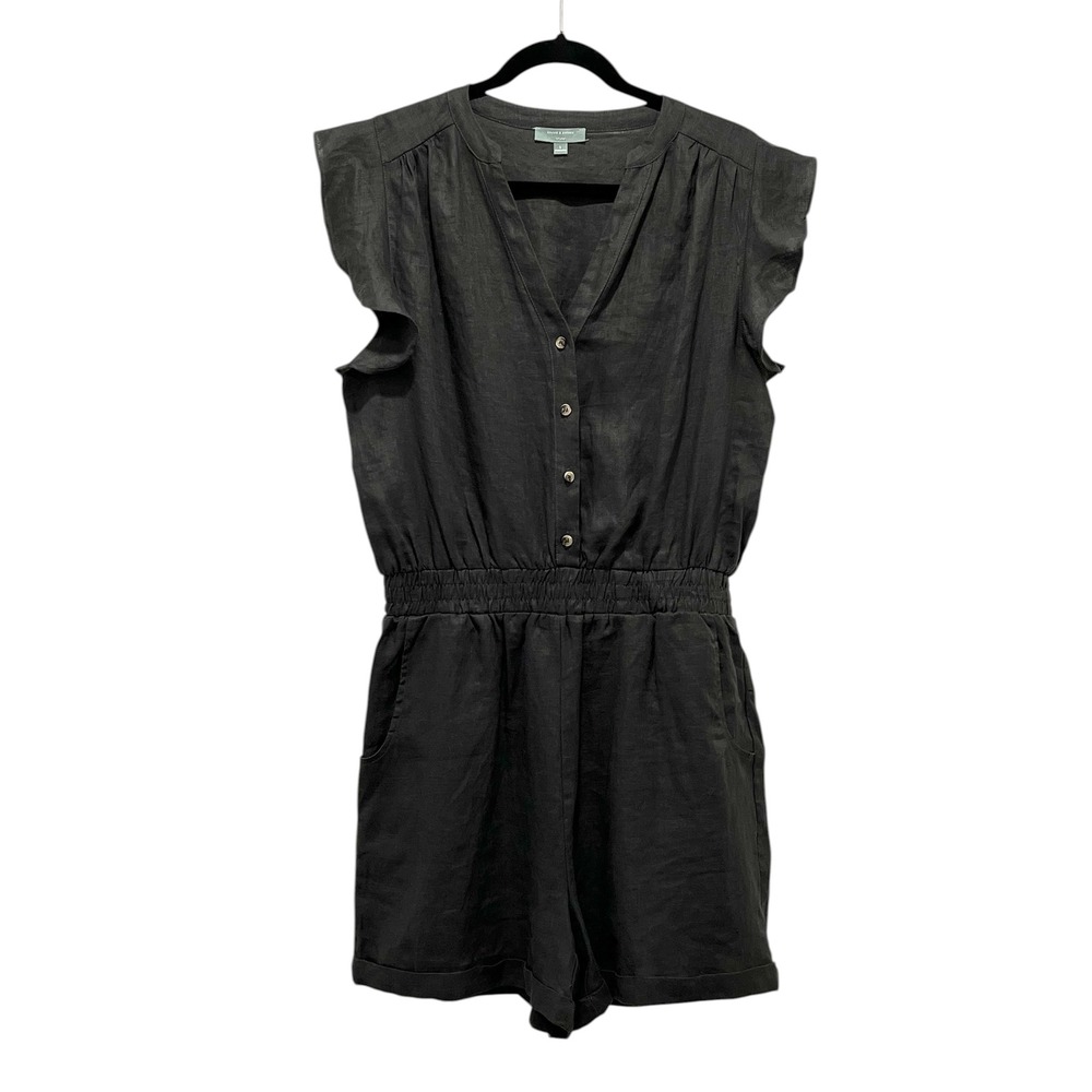 Grade & Gather EUC Linen Romper Women L Gray Ruffle Sleeve Button Front